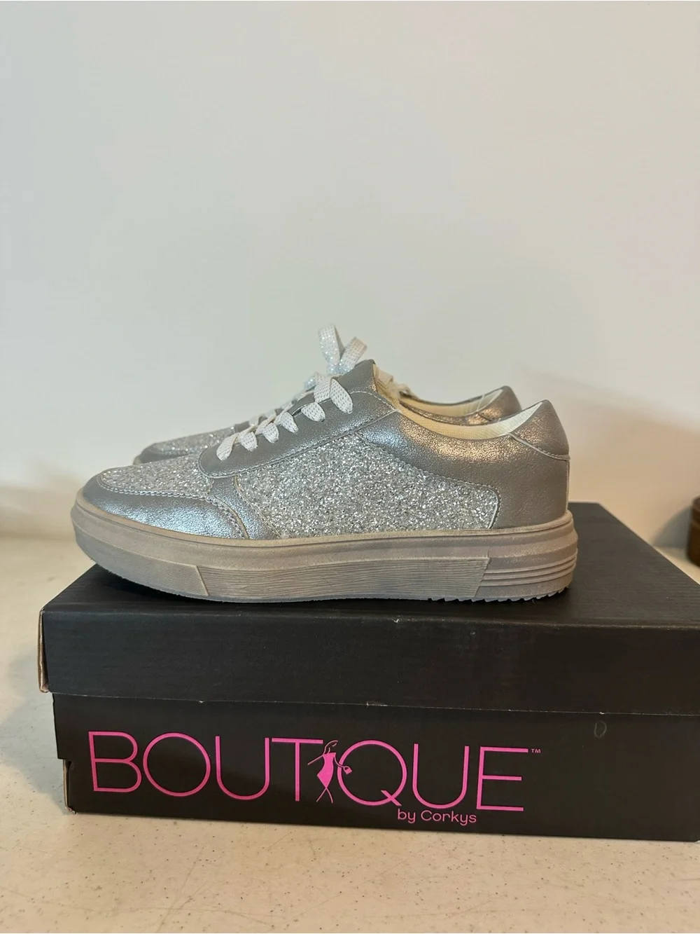 Corkys Silver Metallic Glitter Lace-Up Sneakers